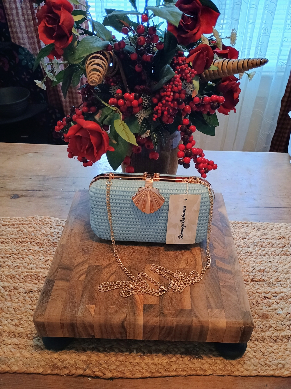 Tommy Bahama Light Blue Woven Clutch with Gold Shell Accent